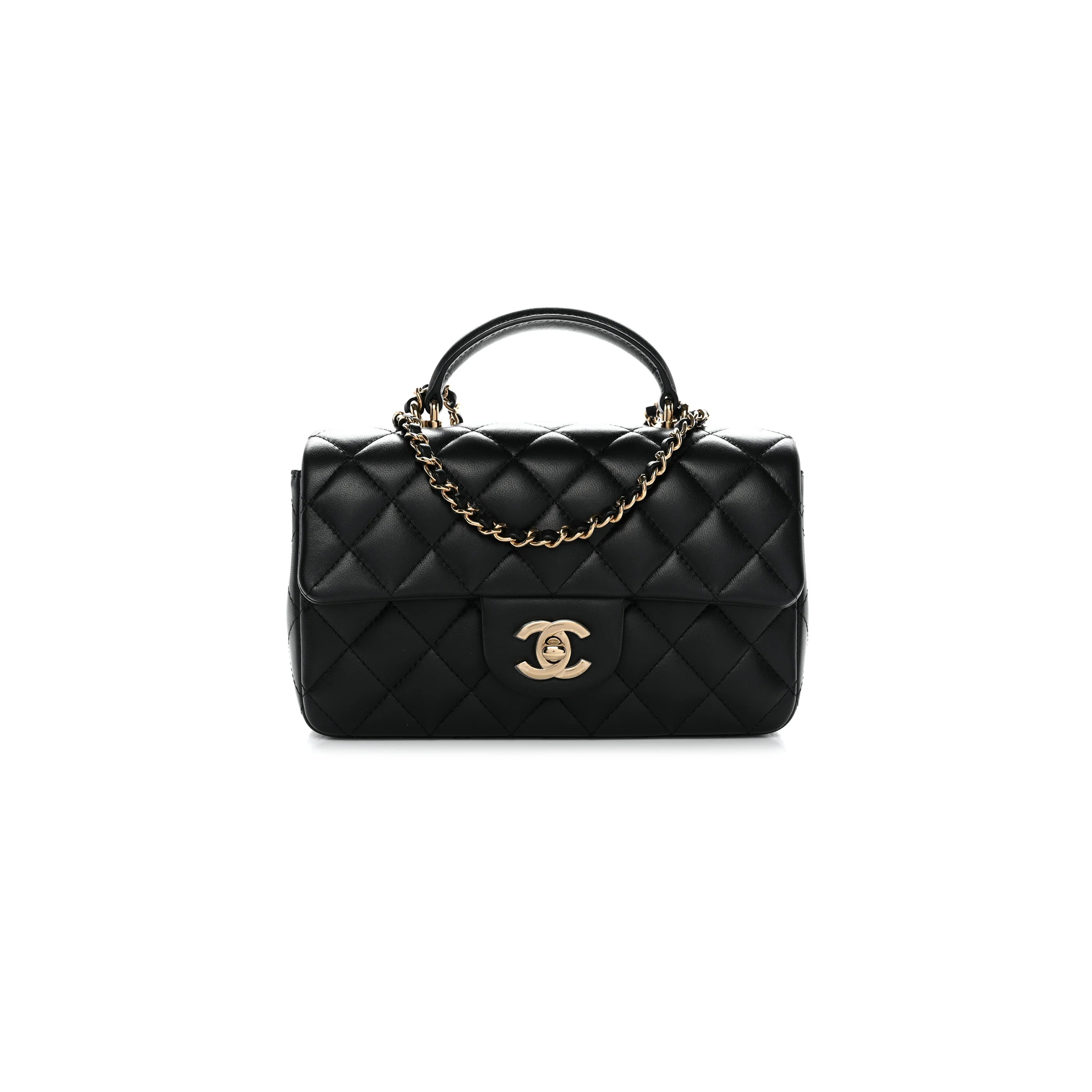 CHANEL LAMBSKIN QUILTED MINI TOP HANDLE RECTANGULAR FLAP BLACK (20*11*6cm)